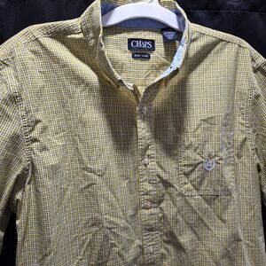 CHAPS Mens XL Short Sleeve Plaid Easy Care Button Down Shirt Yellow White Check